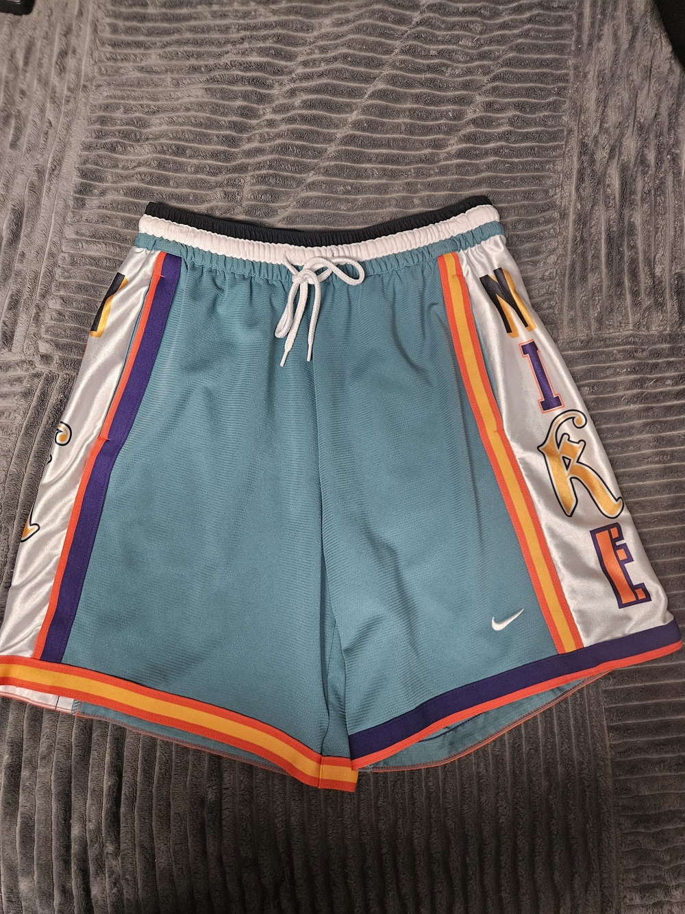 Nike Men's Teal Basketball Shorts with Purple & Orange Trim